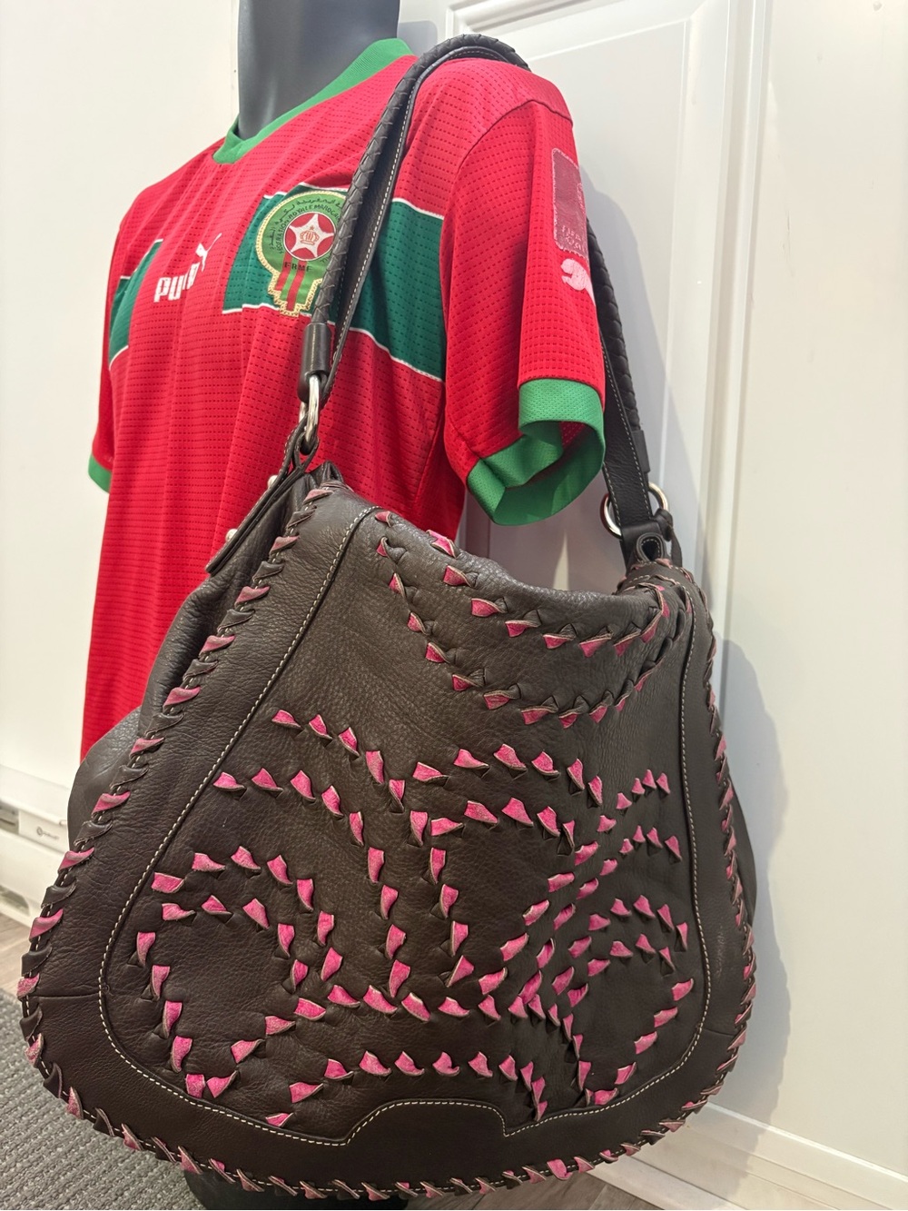 Aqua Madonna brown leather shoulder bag pink whipstitch details